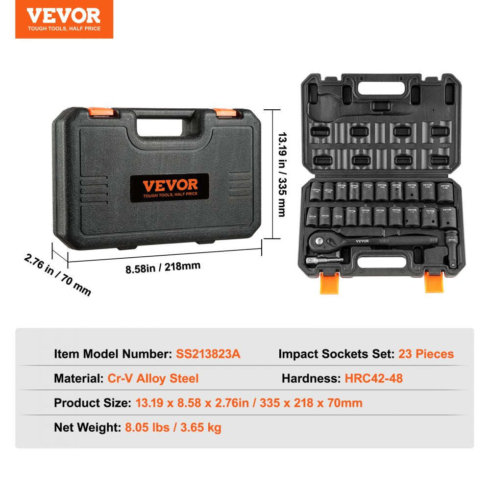 VEVOR 1/2" Drive SAE 23 Piece Impact Socket Set