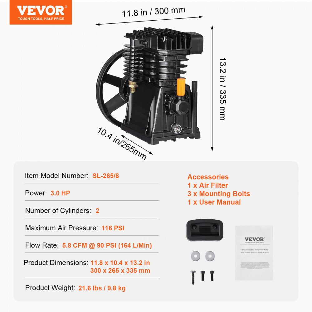 VEVOR Air Compressor Pump Head 3HP 5.8CFM 90 PSI