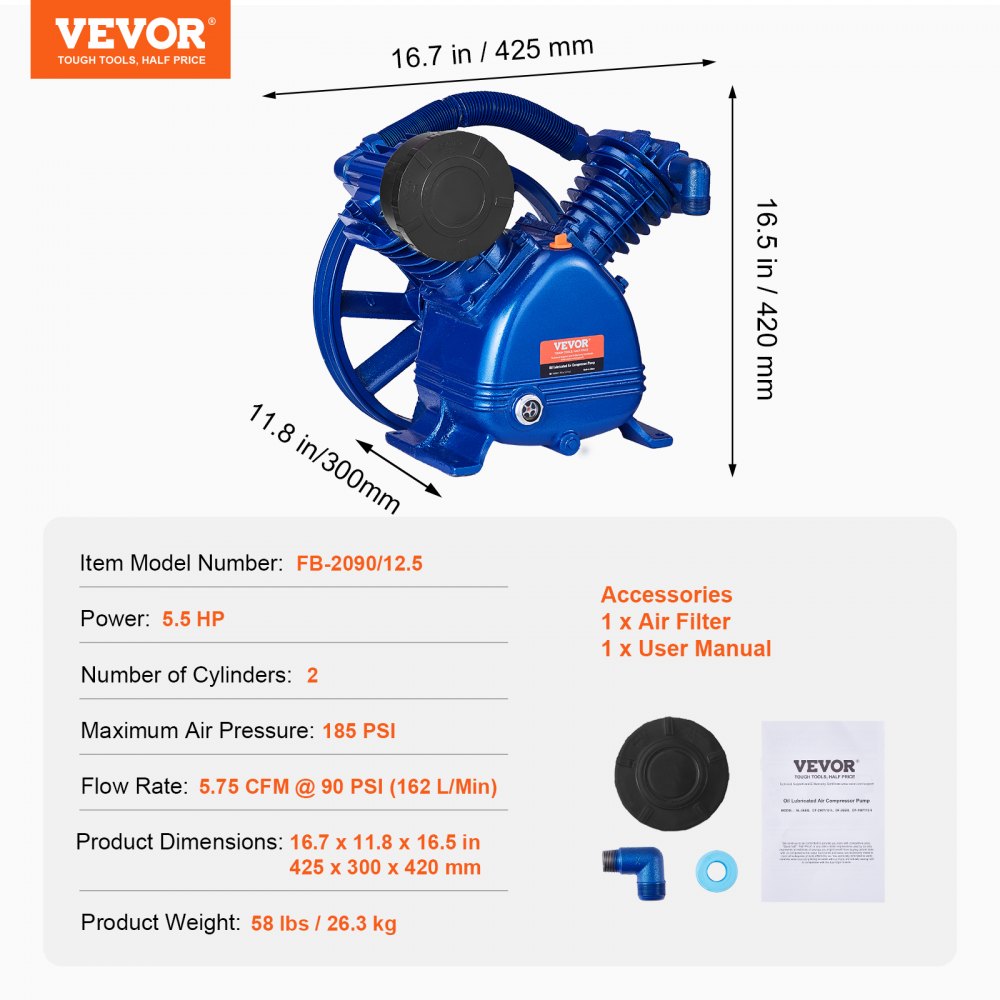 VEVOR Air Compressor Pump Head 5.5HP 5.75CFM 90 PSI