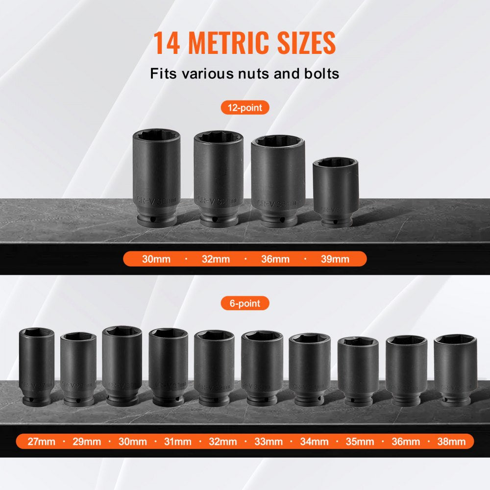 VEVOR Axle Nut 1/2" Drive Deep 6+12-Point Metric Socket Set