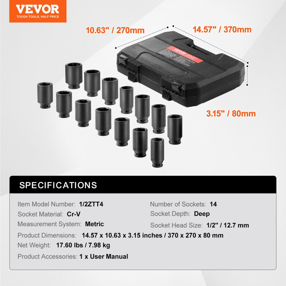 VEVOR Axle Nut 1/2" Drive Deep 6+12-Point Metric Socket Set