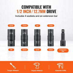 VEVOR Lug Nut Impact Socket Set 1/2 in Drive Metric and SAE 6-Point Flip Sockets